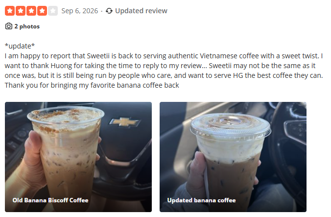 The same review updated to four stars on 6 September 2026, thanking the owner for replying and saying the banana coffee is back